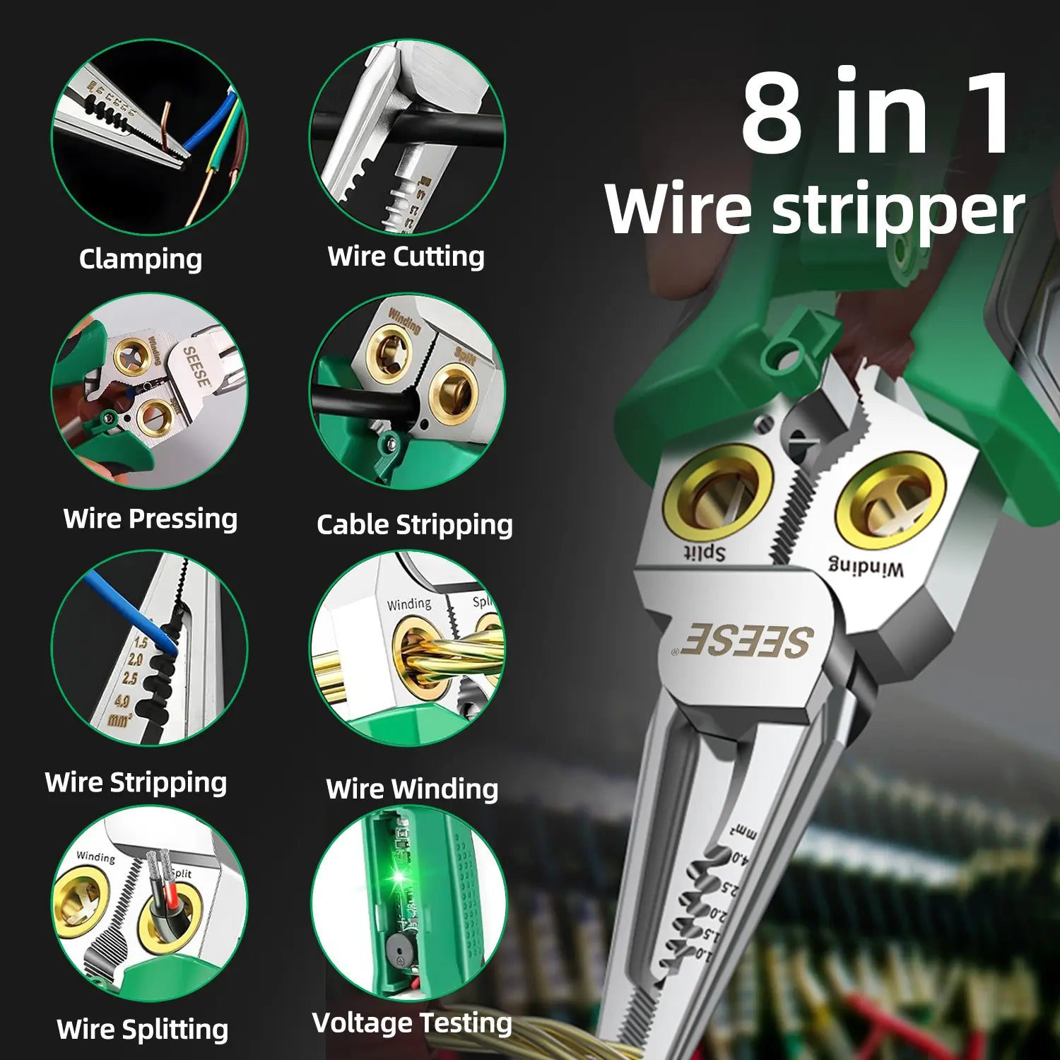 【Fathersdaygift】Seese 8 in 1 Wire Stripper Twister for Cutting and Pulling Wires, Voltage Tester Pliers,Cable Scissors, 12V to 250V Live,Null,Hot Wire Judgment AC DC, Audible and Flashing LED Alarms Fathersdaygift