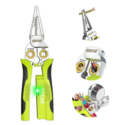 【Fathersdaygift】Seese 8 in 1 Wire Stripper Twister for Cutting and Pulling Wires, Voltage Tester Pliers,Cable Scissors, 12V to 250V Live,Null,Hot Wire Judgment AC DC, Audible and Flashing LED Alarms Fathersdaygift