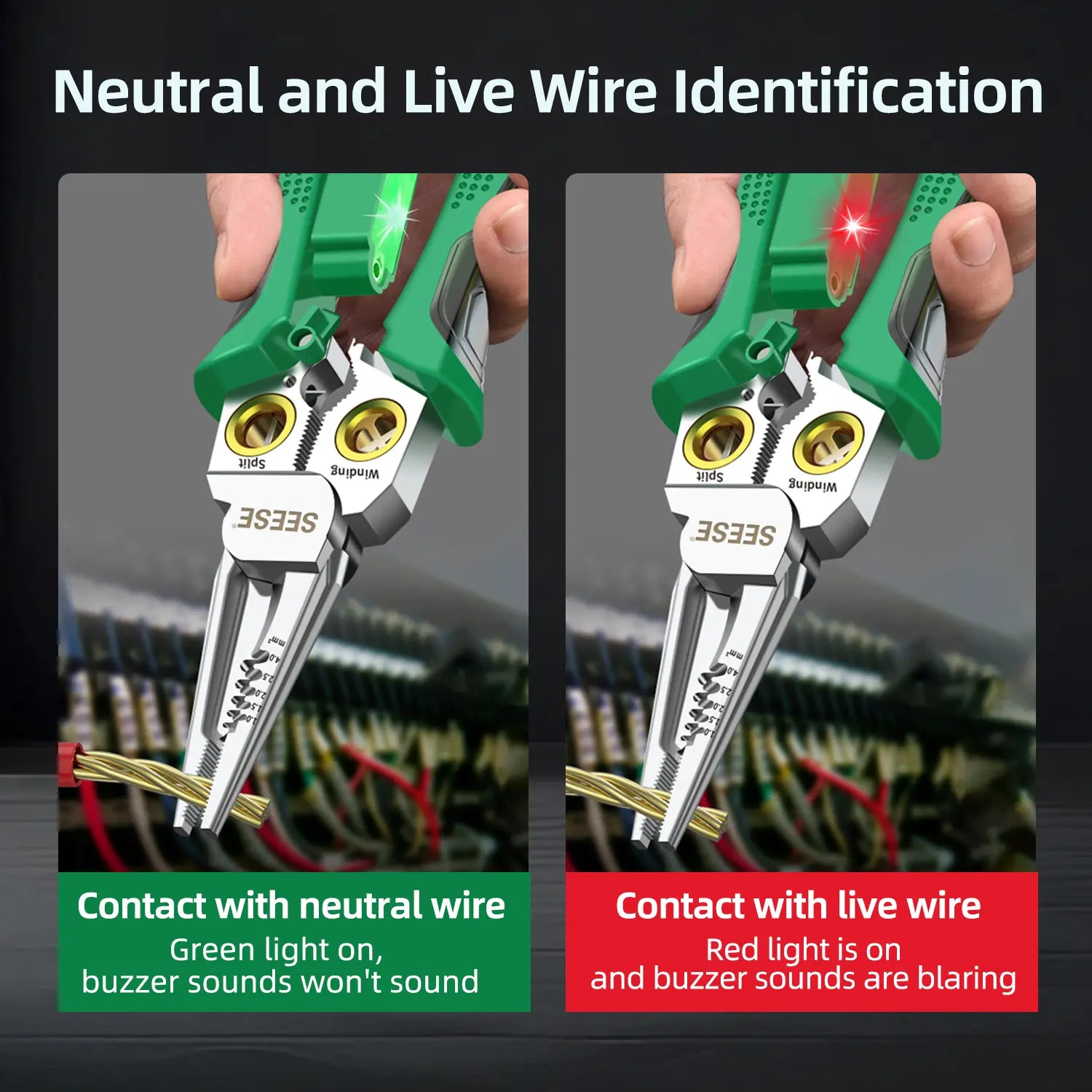 【Fathersdaygift】Seese 8 in 1 Wire Stripper Twister for Cutting and Pulling Wires, Voltage Tester Pliers,Cable Scissors, 12V to 250V Live,Null,Hot Wire Judgment AC DC, Audible and Flashing LED Alarms Fathersdaygift