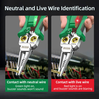【Fathersdaygift】Seese 8 in 1 Wire Stripper Twister for Cutting and Pulling Wires, Voltage Tester Pliers,Cable Scissors, 12V to 250V Live,Null,Hot Wire Judgment AC DC, Audible and Flashing LED Alarms Fathersdaygift