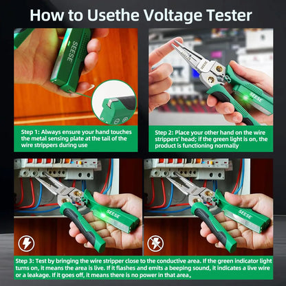 【Fathersdaygift】Seese 8 in 1 Wire Stripper Twister for Cutting and Pulling Wires, Voltage Tester Pliers,Cable Scissors, 12V to 250V Live,Null,Hot Wire Judgment AC DC, Audible and Flashing LED Alarms Fathersdaygift