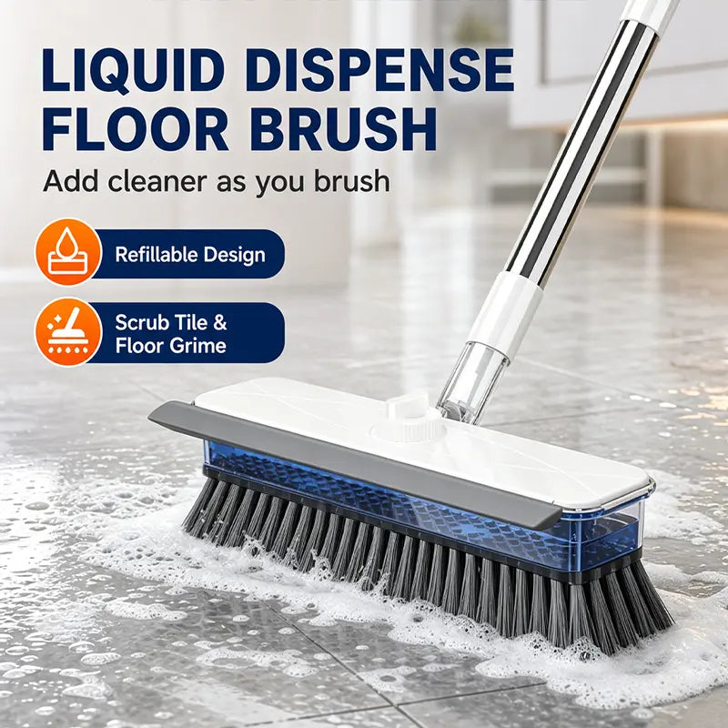Durable Heavy Duty Liquid Dispensing Floor Scrub Brush Tool - Long Extendable Handle, Press-To-Release Soap, Hard Bristles, Built-In Tank, Pink Broom & Dustpan Set, Multipurpose Cleaning Tool for Bathroom, Kitchen Floors